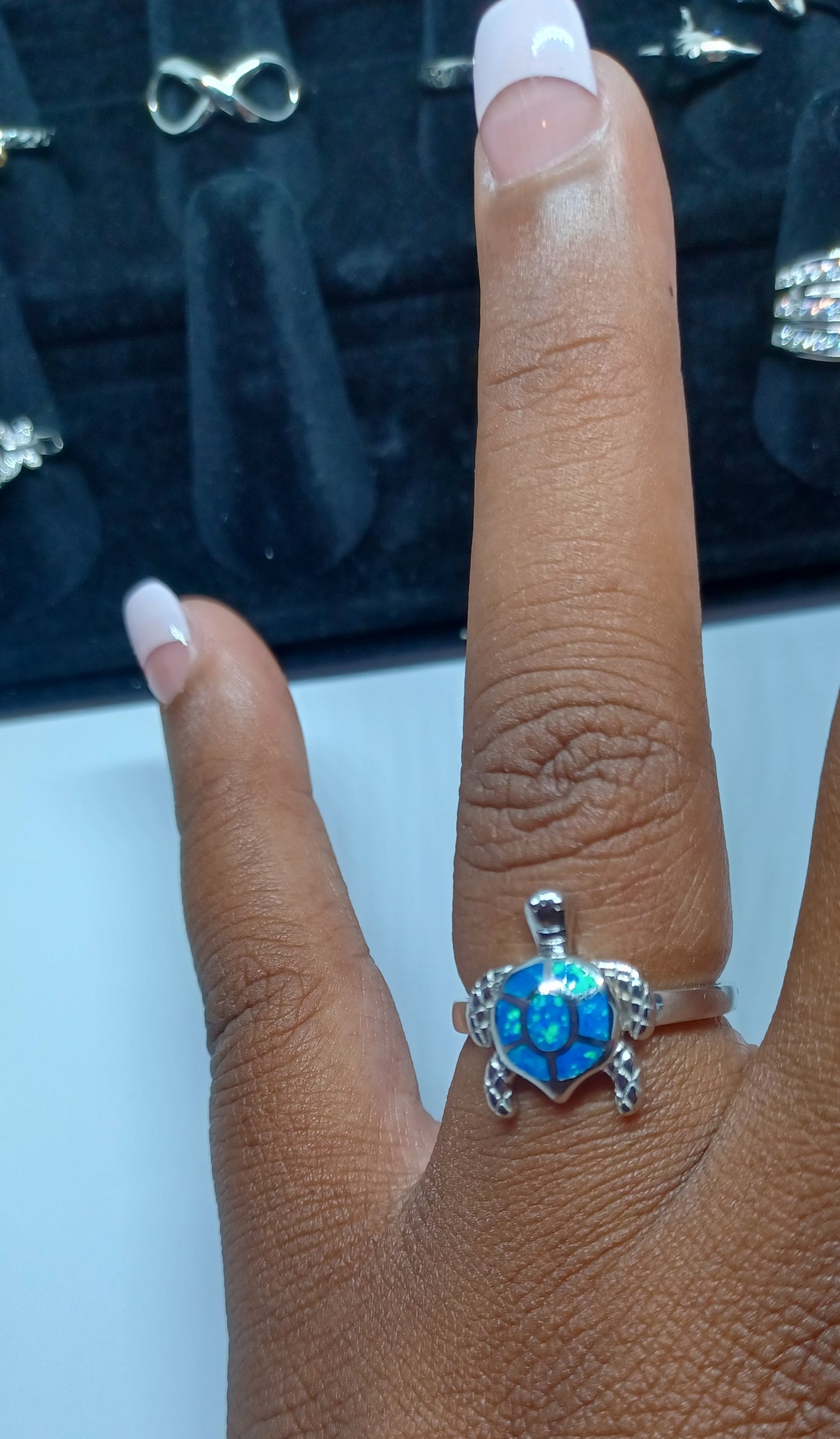 Sterling Silver-Blue Opal Turtle Ring