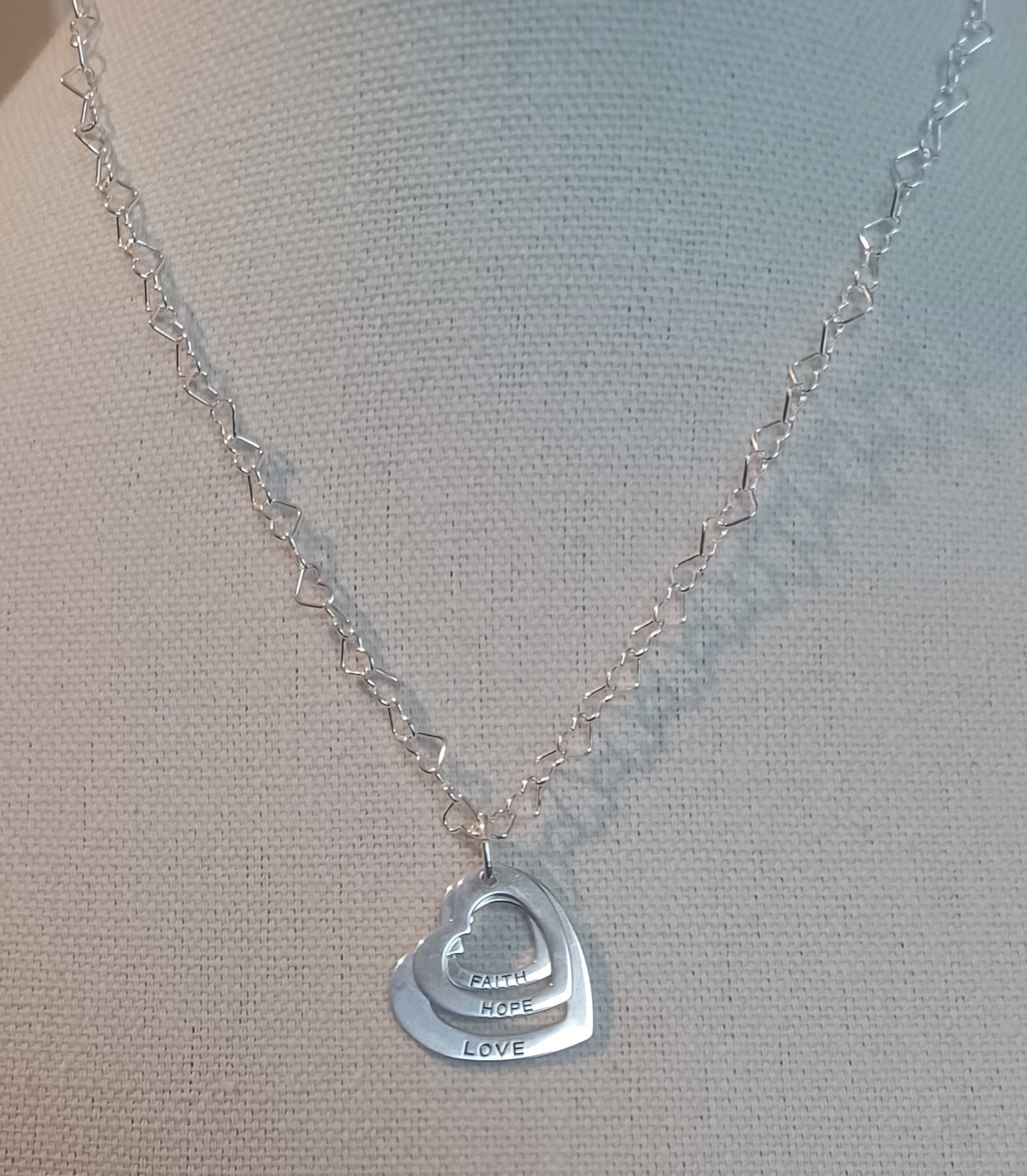 Sterling Silver 'Faith Hope Love' Heart Pendant and Necklace